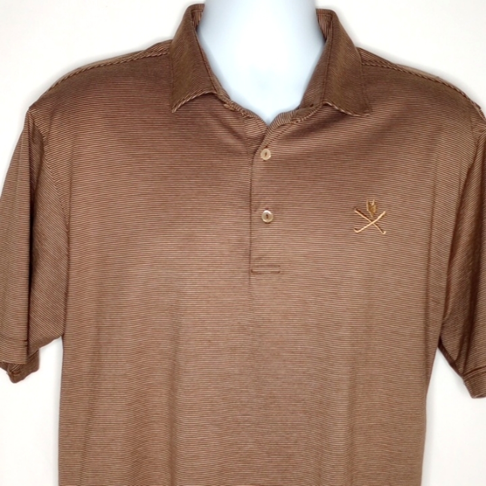 Peter Millar Men's Brown and White Striped Short Sleeve Golf Polo Shirt Large